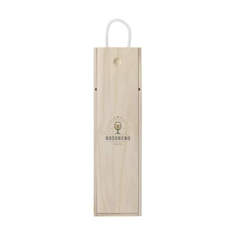 Wine box made from Paulownia wood. With sliding lid and cord. Suitable for 1 bottle of wine (0.75L). The wine box does not include wine. Each item is supplied in an individual brown cardboard box.