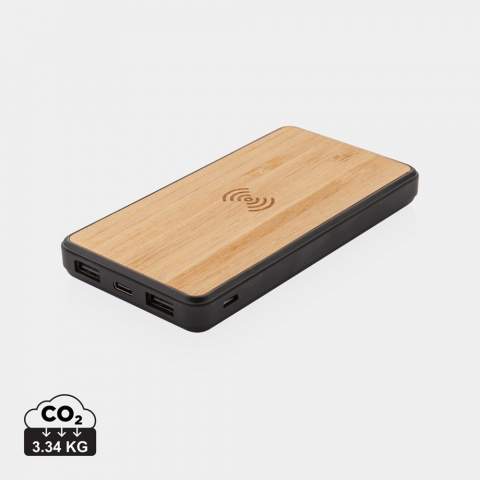8.000 mAh powerbank  Made with RCS (Recycled Claim Standard) certified recycled ABS plastic with soft touch finish and FSC® certified bamboo.  Total recycled content: 20 % based on total item weight. RCS certification ensures a completely certified supply chain of the recycled materials. Supports 5W wireless charging and charging via USB port by cable. Input both via micro USB as welll as type C. When fully charged it will provide you with enough energy to re-charge your mobile phone up to four times. The powerbank contains a long-lasting grade A 8.000 mAh lithium polymer battery. The power indicators will indicate the remaining energy level so you always know when to re-charge. Micro input 5V/2A Type-C input 5V/2A USB Output 5V/2.4A. Wireless Output 5W 5V/1A.  Packed in FSC® mix packaging. Including RCS certified recycled TPE charging cable.<br /><br />WirelessCharging: true<br />PowerbankCapacity: 8000<br />PVC free: true