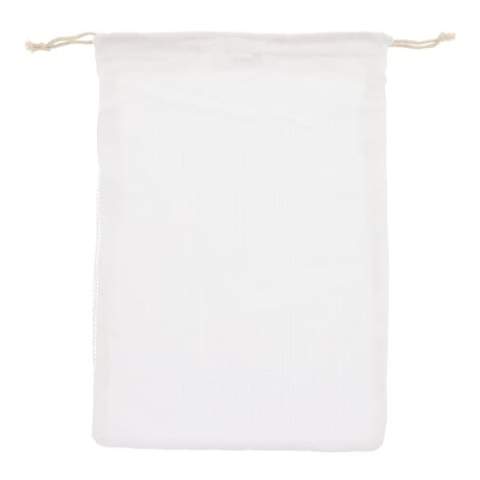 Reduce the number of plastic bags in the supermarket by using your own food bag. This cotton bag with mesh is highly suitable for fruits and vegetables. Re-use it over and over again and when dirty, simply wash it at low temperatures (could shrink).