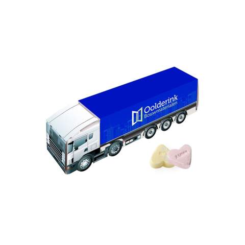 Full colour printed medium truck, filled with approx. 100 gram fruit hearts