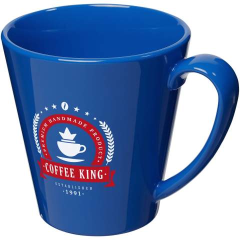 Durable, single-wall plastic mug. Volume capacity is 350 ml. Made in the UK.