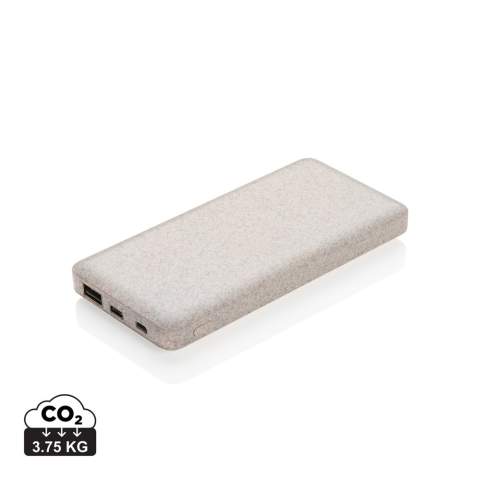 Batterie de secours 10 000 mAh ultra plate fabriqué à partir d'une fibre de blé naturelle (35%) mélangée à de l'ABS. Il est doté d'un double port USB, dont une sortie de type C pour tous les nouveaux téléphones portables. Les indicateurs d'alimentation indiquent le niveau d'énergie restant pour que vous sachiez toujours quand recharger. Entrée Micro USB 5V/2A ; Entrée Type-C 5V/2A ; Sortie USB 5V/3A ; Sortie Type-C 5V/2A ; Câble micro USB en TPE inclus.<br /><br />PowerbankCapacity: 10000