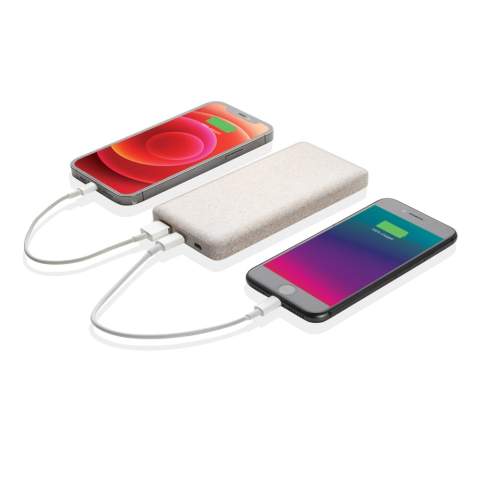 Batterie de secours 10 000 mAh ultra plate fabriqué à partir d'une fibre de blé naturelle (35%) mélangée à de l'ABS. Il est doté d'un double port USB, dont une sortie de type C pour tous les nouveaux téléphones portables. Les indicateurs d'alimentation indiquent le niveau d'énergie restant pour que vous sachiez toujours quand recharger. Entrée Micro USB 5V/2A ; Entrée Type-C 5V/2A ; Sortie USB 5V/3A ; Sortie Type-C 5V/2A ; Câble micro USB en TPE inclus.<br /><br />PowerbankCapacity: 10000