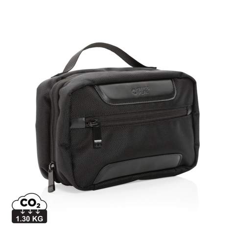 The Swiss Peak AWARE™ RPET Voyager toiletry bag is made from durable 1680D recycled polyester with rich PU details that give the toiletry bag a very sophisticated look. The toiletry bag has two roomy zipper compartments to hold all your toiletry essentials. The exterior is made from 1680D recycled polyester and the lining is 150D recycled polyester. With AWARE™ tracer that validates the genuine use of recycled materials. Each toiletry bag has reused 10.14 0.5L PET bottles. 2% of proceeds of each product sold containing AWARE™ will be donated to Water.org.<br /><br />PVC free: true