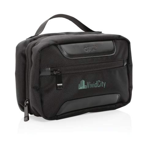 The Swiss Peak AWARE™ RPET Voyager toiletry bag is made from durable 1680D recycled polyester with rich PU details that give the toiletry bag a very sophisticated look. The toiletry bag has two roomy zipper compartments to hold all your toiletry essentials. The exterior is made from 1680D recycled polyester and the lining is 150D recycled polyester. With AWARE™ tracer that validates the genuine use of recycled materials. Each toiletry bag has reused 10.14 0.5L PET bottles. 2% of proceeds of each product sold containing AWARE™ will be donated to Water.org.<br /><br />PVC free: true