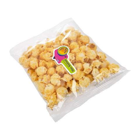 Transparent bag filled with approx. 30 gram popcorn (sweet or salt), including full colour sticker on the front