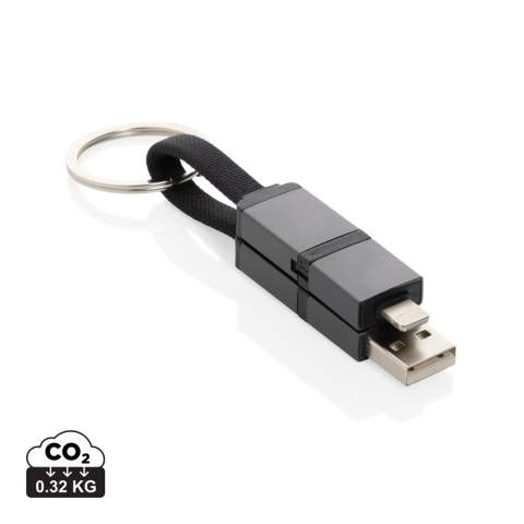 Snel opladende 4-in-1 sleutelhangerkabel gemaakt van RCS gerecycled TPE, gerecyclede aluminiumlegering en gerecycled PET. Met USB A en type C ingang en IOS en Type C uitgang is hij geschikt om vele soorten spullen op te laden. Deze kleine kabel ondersteunt snel opladen van 60 W. Makkelijk aan je sleutelhanger te bevestigen met de meegeleverde sleutelhangerring. De connectoren zijn voorzien van magneten aan de binnenkant om ze bij elkaar te houden tijdens het dragen. Totaal gerecycled materiaal: 60% op basis van het totale gewicht van het item. RCS-certificering zorgt voor een volledig gecertificeerde toeleveringsketen van de gerecyclede materialen. Max. ondersteunde voltage: 20V/3A; Verpakt in plasticvrije envelopverpakking. PVC-vrij.<br /><br />PVC free: true