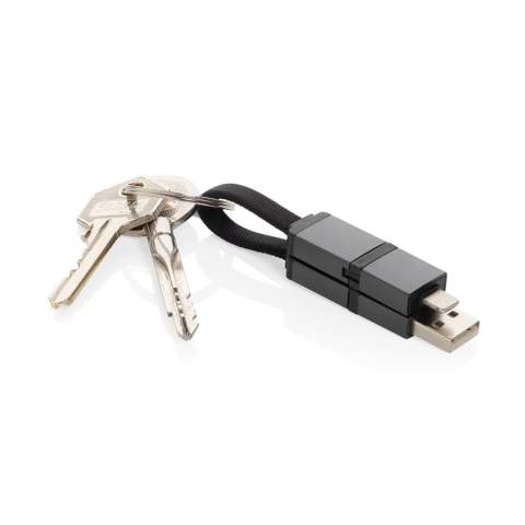 Snel opladende 4-in-1 sleutelhangerkabel gemaakt van RCS gerecycled TPE, gerecyclede aluminiumlegering en gerecycled PET. Met USB A en type C ingang en IOS en Type C uitgang is hij geschikt om vele soorten spullen op te laden. Deze kleine kabel ondersteunt snel opladen van 60 W. Makkelijk aan je sleutelhanger te bevestigen met de meegeleverde sleutelhangerring. De connectoren zijn voorzien van magneten aan de binnenkant om ze bij elkaar te houden tijdens het dragen. Totaal gerecycled materiaal: 60% op basis van het totale gewicht van het item. RCS-certificering zorgt voor een volledig gecertificeerde toeleveringsketen van de gerecyclede materialen. Max. ondersteunde voltage: 20V/3A; Verpakt in plasticvrije envelopverpakking. PVC-vrij.<br /><br />PVC free: true