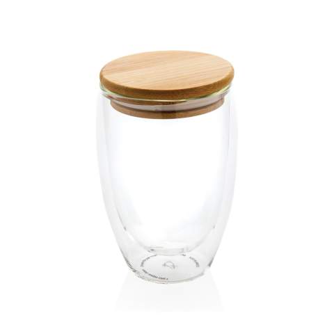 This double wall borosilicate glass has a sleek 2 layer design which showcases all your favourite drinks! No matter what you serve, cappuccino, tea or latte, it will be nice and  hot while your hand stays cool. Incudes a bamboo lid. It is recommended to handwash the glass and bamboo lid. Capacity 350ml. BPA free.