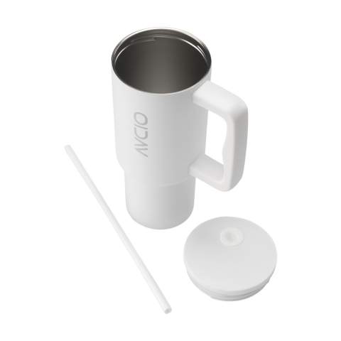 WoW! Large, double-walled drinking cup made from recycled stainless steel with straw. The striking, sturdy mug has a large, plastic handle and a screw-on lid with an opening for the included plastic straw. This huge mug keeps drinks at temperature for longer periods of time. Suitable for cold and hot drinks. Without a straw, the temperature is not lost thanks to the silicone seal in the lid. This mug can go anywhere. Ideal for the gym or the office. Thanks to the conical, narrow bottom, the cup fits in almost any cup holder, making it perfect for on the go. Not dishwasher-safe. RCS-certified. Total recycled material: 75%. Capacity 900 ml. Each item is supplied in an individual brown cardboard box.