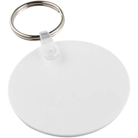 White circle-shaped keychain with metal split keyring. The metal looped ring offers a flat profile which is ideal for mailings.