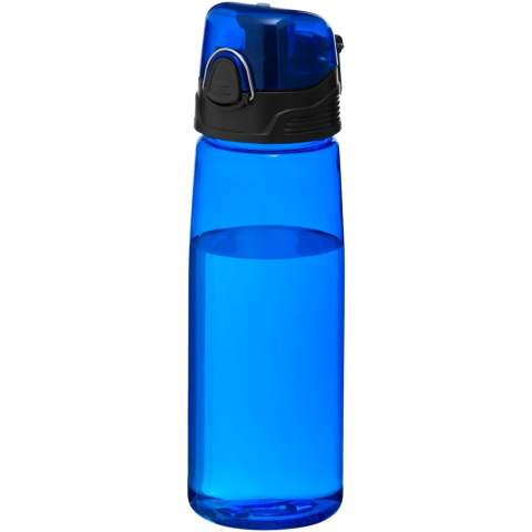 In durstigen Zeiten ist die leichte Capri 700 ml Sportflasche ein Lebensretter. Die Flasche hat einen aufklappbaren Trinkdeckel mit Ausgießer, der sie schützt und sauber hält. Mit dem Druckknopf lässt sie sich leicht öffnen. Die transparente Flasche besteht aus robustem, flecken- und geruchsfreiem Eastman Tritan™ und ist somit langlebig und BPA-frei.