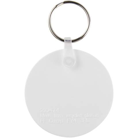 White circle-shaped keychain with metal split keyring. The metal looped ring offers a flat profile which is ideal for mailings.