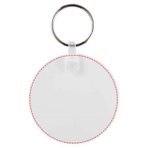 White circle-shaped keychain with metal split keyring. The metal looped ring offers a flat profile which is ideal for mailings.