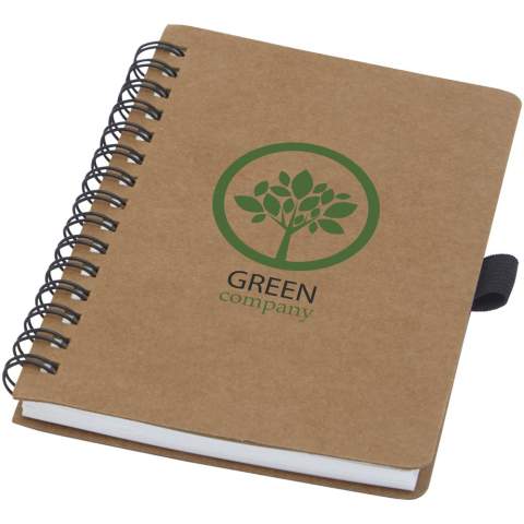 A6-size wire-o recycled cardboard cover notebook with pen loop. Features 70 sheets 60 g/m² lined inner pages made from stone. Stone paper is 100% tree free and the production process uses less energy compared to recycled or new pulp paper. The paper is water and tear resistant and has a natural white colour (no bleaching involved). 