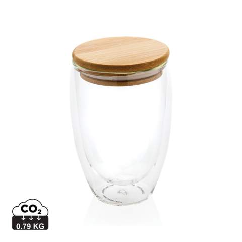 This double wall borosilicate glass has a sleek 2 layer design which showcases all your favourite drinks! No matter what you serve, cappuccino, tea or latte, it will be nice and  hot while your hand stays cool. Incudes a bamboo lid. It is recommended to handwash the glass and bamboo lid. Capacity 350ml. BPA free.