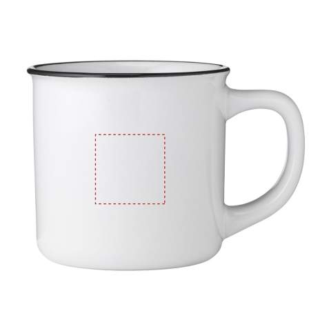 High-quality ceramic mug in popular retro style. Capacity 320 ml. Dishwasher-safe. The imprint is tested and certified dishwasher-safe. EN 12875-2.