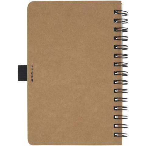 A6-size wire-o recycled cardboard cover notebook with pen loop. Features 70 sheets 60 g/m² lined inner pages made from stone. Stone paper is 100% tree free and the production process uses less energy compared to recycled or new pulp paper. The paper is water and tear resistant and has a natural white colour (no bleaching involved). 