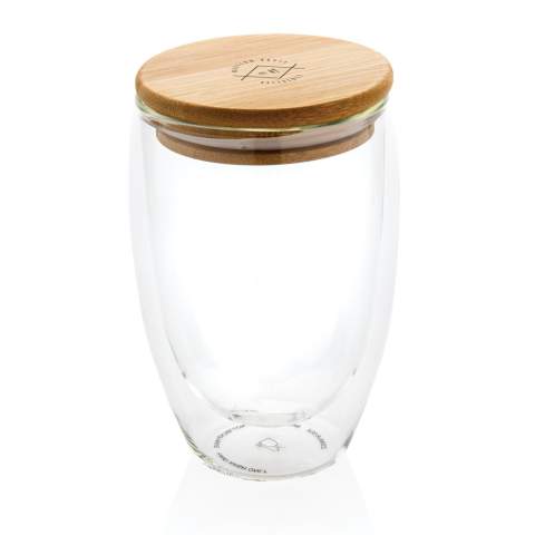 This double wall borosilicate glass has a sleek 2 layer design which showcases all your favourite drinks! No matter what you serve, cappuccino, tea or latte, it will be nice and  hot while your hand stays cool. Incudes a bamboo lid. It is recommended to handwash the glass and bamboo lid. Capacity 350ml. BPA free.