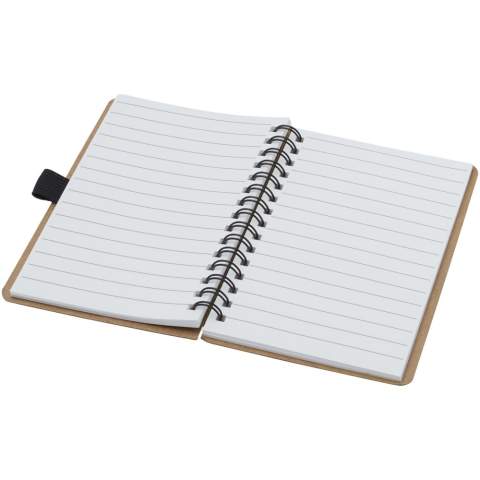 A6-size wire-o recycled cardboard cover notebook with pen loop. Features 70 sheets 60 g/m² lined inner pages made from stone. Stone paper is 100% tree free and the production process uses less energy compared to recycled or new pulp paper. The paper is water and tear resistant and has a natural white colour (no bleaching involved). 