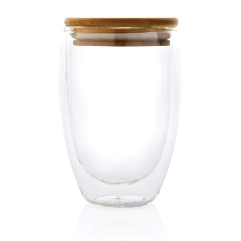 This double wall borosilicate glass has a sleek 2 layer design which showcases all your favourite drinks! No matter what you serve, cappuccino, tea or latte, it will be nice and  hot while your hand stays cool. Incudes a bamboo lid. It is recommended to handwash the glass and bamboo lid. Capacity 350ml. BPA free.