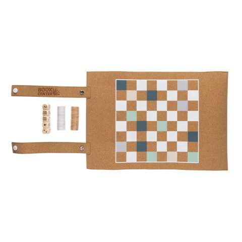 This foldable backgammon and checkers game set is a modern high-quality board game set featuring a FSC®-certified cork playing surface and playful colours. It is foldable for easy storage and transport, comes with playing pieces and a dice. With its classic design and durable playing pieces, it's a great option for anyone who loves these classic board games and wants a set that can be easily transported and stored.