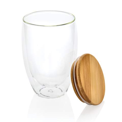 This double wall borosilicate glass has a sleek 2 layer design which showcases all your favourite drinks! No matter what you serve, cappuccino, tea or latte, it will be nice and  hot while your hand stays cool. Incudes a bamboo lid. It is recommended to handwash the glass and bamboo lid. Capacity 350ml. BPA free.