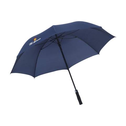 Umbrella with 190T pongee canopy and an extra large screen diameter of 132 cm. Comes with automatic telescopic suspension,  fibreglass frame and shaft, soft foam handle and velcro fastener.