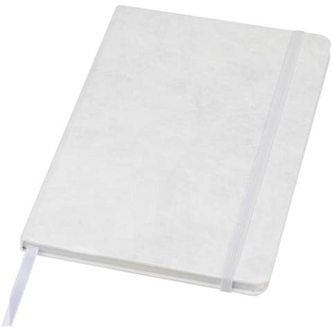 A5 size tear resistant notebook with inner pages made from stone. Stone paper is 100% tree free and the production process uses less energy compared to recycled or new pulp paper. It's water resistant so liquids spilled can easily be wiped off. Features a colour matching ribbon marker and elastic band and 60 sheets 120 g/m² lined stone paper. Packed in a cardboard sleeve.