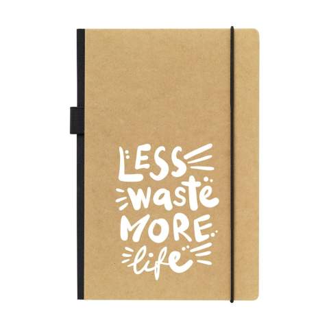 WoW! Practical notebook in A5 format. With a hard cover made from kraft cardboard (300 g/m²). This booklet has approx. 80 sheets/160 pages of cream-coloured, lined FSC Mix certified paper (80 g/m²) with a handy closing elastic and pen loop. On the inside of the back cover, you will also find a handy storage compartment.