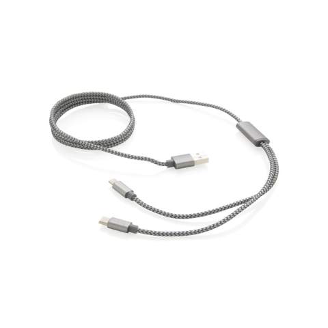 Luxe gevlochten 3-in-1 kabel met type C en dubbelzijdige connector voor iOS- en Android-apparaten die micro-USB nodig hebben. Gevlochten nylon materiaal met connectors gemaakt van duurzaam aluminium. Geschikt voor opladen. Lengte 120 cm.