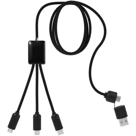 Charging cable with rubber and metal finish and light-up logo. Fitted with three connectors (Type-C, Android, iPhone) and USB-A and USB-C output. Up to three devices can be charged simultaneously. Length of cables (including plugs): 10 cm. Total cable length: 1 metre. The cable is made from recycled PET plastic, and the packing from recycled paper and recycled plastic.