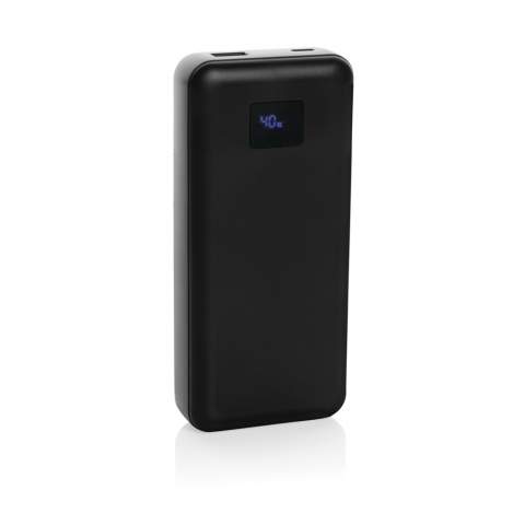 Fed up with the constant search for outlets? Meet the 65W Supercharge Powerbank! 20.000 mAh 20W PD powerbank where the case is made out of RCS certified recycled ABS plastic. RCS (Recycled Claim Standard) is a standard to verify the recycled content of a product throughout the whole supply chain. Total recycled content: 13 % based on total item weight. Charge all your devices with ease thanks to its powerful 65W output and integrated Type C and iOS cables. Say goodbye to tangled cables and waiting for recharges—this powerbank supports lightning-fast 45W recharging via Type C, and supercharged charging with Type C (up to 65W) and USB A (up to 22.5W). Whether you are a busy professional, a student on the go, or an adventurer, this powerbank is your ultimate companion. Do not miss out on the opportunity to revolutionize your charging experience. Say goodbye to low battery anxiety and hello to reliable, lightning-fast charging with the 65W Supercharge Powerbank. With LED screen.<br /><br />PowerbankCapacity: 20000<br />PVC free: true