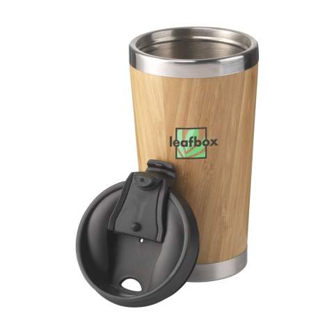 Double-walled thermos cup made from stainless-steel with bamboo finish on the outside. Features a screw lid, click opening and non-slip base. Capacity 450 ml. Each item is supplied in an individual brown cardboard box.