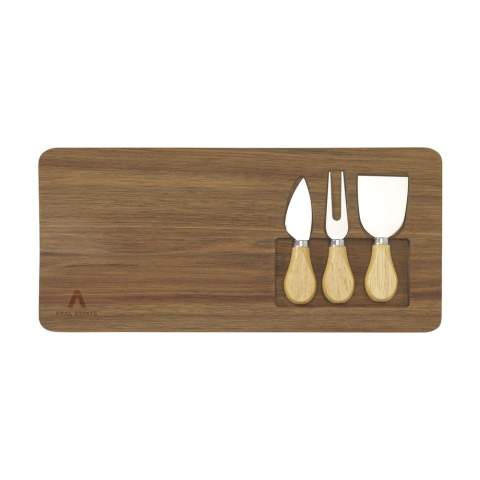 Exclusive Wooosh cheese board made from FSC 100% certified acacia wood. Including 2 cheese knives and 1 cheese fork. The cheese knives are specially designed for easy cutting and serving of both hard and soft cheeses, while the cheese fork is ideal for picking up and serving pieces of cheese. Acacia wood is a robust type of wood with a warm appearance. The artistic characteristics of acacia wood include fine grain, a flame-like pattern and changing shades of colour all combining to give this board a unique character. This serving board has been carefully treated with a vegetarian soybean oil. Thanks to the bactericidal properties of acacia, this board is naturally hygienic. With this complete cheese board you create an attractive setting for a pleasant gathering full of tasty moments. Each item is supplied in a luxurious Wooosh gift box.