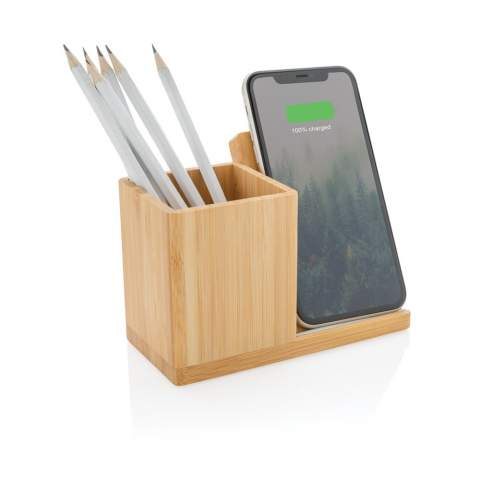 10W wireless fast charger with pen holder made with RCS (Recycled Claim Standard) certified recycled ABS. Total recycled content: 6% based on total item weight (including bamboo base) The bamboo exterior of the organiser is fully made from FSC 100 bamboo. Including 120 cm type C charging cable made from RCS certified recycled TPE. Packed in FSC mix kraft box. Type-C Input 5V/2A; 9V/1.67A. Wireless output 5V/1A;9V/1.1A (10W) Registered design®<br /><br />WirelessCharging: true<br />PVC free: true