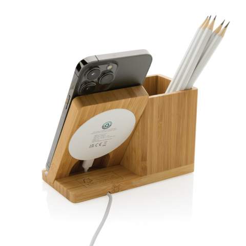 10W wireless fast charger with pen holder made with RCS (Recycled Claim Standard) certified recycled ABS. Total recycled content: 6% based on total item weight (including bamboo base) The bamboo exterior of the organiser is fully made from FSC 100 bamboo. Including 120 cm type C charging cable made from RCS certified recycled TPE. Packed in FSC mix kraft box. Type-C Input 5V/2A; 9V/1.67A. Wireless output 5V/1A;9V/1.1A (10W) Registered design®<br /><br />WirelessCharging: true<br />PVC free: true