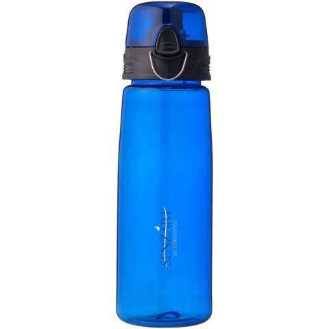 In durstigen Zeiten ist die leichte Capri 700 ml Sportflasche ein Lebensretter. Die Flasche hat einen aufklappbaren Trinkdeckel mit Ausgießer, der sie schützt und sauber hält. Mit dem Druckknopf lässt sie sich leicht öffnen. Die transparente Flasche besteht aus robustem, flecken- und geruchsfreiem Eastman Tritan™ und ist somit langlebig und BPA-frei.