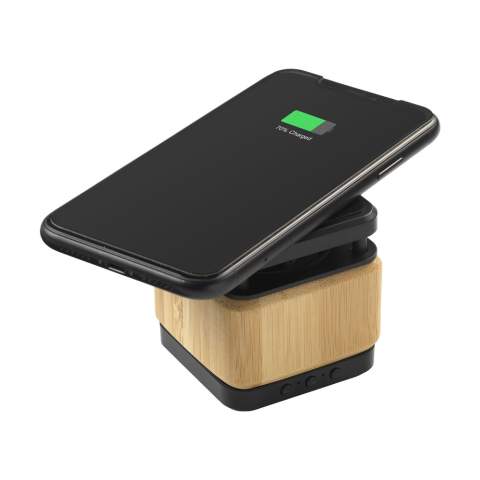 Bluetooth speaker and wireless charger in one, with an ECO casing made from beautiful natural FSC 100% certified bamboo and ABS. The ideal combination for charging and listening. The wireless 3W bluetooth speaker (version 4.2) is rechargeable and has outstanding sound reproduction. Frequency: 20HZ-20KHz. With built-in 400mAh battery for playing time of up to 3 hours. The 5W wireless charger is compatible with devices that support Qi wireless charging (newest generation of Androids and iPhones from generation 8). Input: 5V/1A. Wireless output: 5V/0.8A. Includes USB-C charging cable and user manual. Each item is supplied in an individual brown cardboard box.