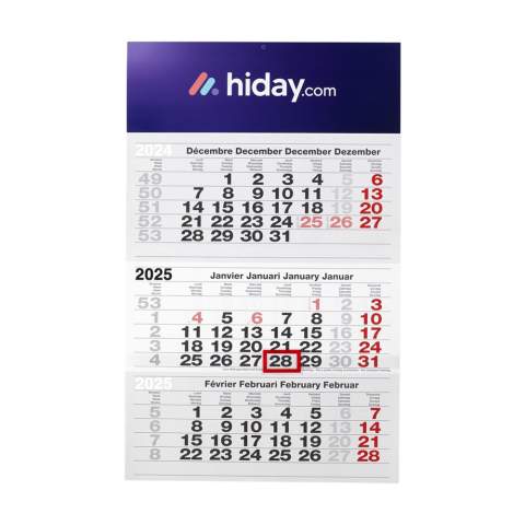 Four language calendar: English, Dutch, German and French. With a clear overview of the previous, current and upcoming month, slider to mark the current date and indication of international holidays. Printed on white paper (100 g/m²). Including full colour imprint on the top panel.