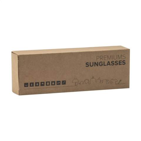 Striking sunglasses with mirrored lenses. The frame of this classic pair is made from sturdy plastic with arms made from bamboo. The mirrored lenses have UV400 protection in line with European standards. Each item is supplied in an individual brown cardboard box.