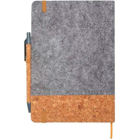 The A5 hard cover notebook is made of cork and recycled felt and has 80 lined sheets of 70 g/m² paper, an elastic closure, ribbon marker, and a pen loop. The button, clip and tip of the ballpoint pen is made of recycled plastic, and the barrel is made of cork. Pen ink: Black. Writing length: 600 metres. Nib size: 1.0 mm.