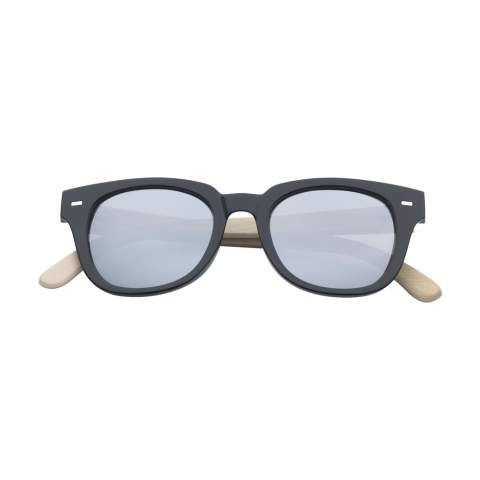 Striking sunglasses with mirrored lenses. The frame of this classic pair is made from sturdy plastic with arms made from bamboo. The mirrored lenses have UV400 protection in line with European standards. Each item is supplied in an individual brown cardboard box.