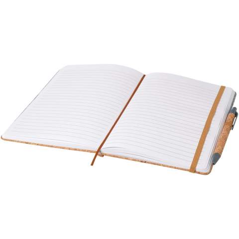 The A5 hard cover notebook is made of cork and recycled felt and has 80 lined sheets of 70 g/m² paper, an elastic closure, ribbon marker, and a pen loop. The button, clip and tip of the ballpoint pen is made of recycled plastic, and the barrel is made of cork. Pen ink: Black. Writing length: 600 metres. Nib size: 1.0 mm.