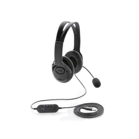 PC USB stereo headset with in-line soundcard and volume/mute control delivers superlative stereo sound while its microphone ensures clear conversation during calls. This lightweight ABS material over-ear headset is designed for daily long time use and compatible with PC and Mac®. With 2 metre USB A cable to give optimal connection with any computer.  Perfect for calling and video calls.