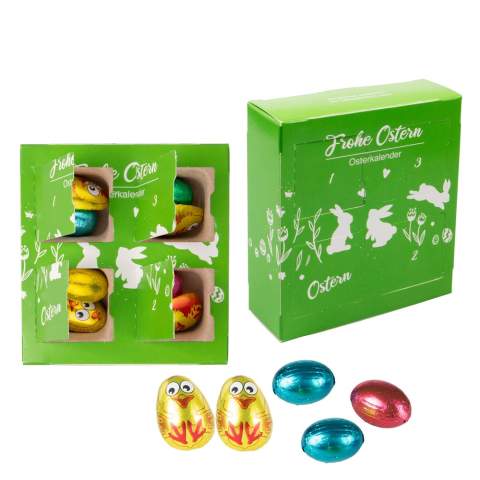 4 compartment Easter countdown calendar, fullcolour printed and filled with 28gr creamy chocolate Easter eggs and 30gr golden chick milk chocolate