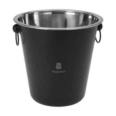 Matt black stainless-steel champagne cooler/ice bucket with ring handles. To be filled with ice or water for keeping drinks cool. This cooler adds an extra festive touch when presenting a bottle of champagne or wine. A practical ice bucket for many occasions. Capacity 3 litres.