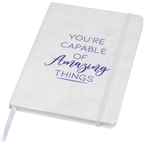 A5 size tear resistant notebook with inner pages made from stone. Stone paper is 100% tree free and the production process uses less energy compared to recycled or new pulp paper. It's water resistant so liquids spilled can easily be wiped off. Features a colour matching ribbon marker and elastic band and 60 sheets 120 g/m² lined stone paper. Packed in a cardboard sleeve.