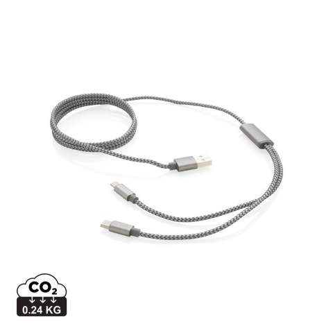 Luxe gevlochten 3-in-1 kabel met type C en dubbelzijdige connector voor iOS- en Android-apparaten die micro-USB nodig hebben. Gevlochten nylon materiaal met connectors gemaakt van duurzaam aluminium. Geschikt voor opladen. Lengte 120 cm.