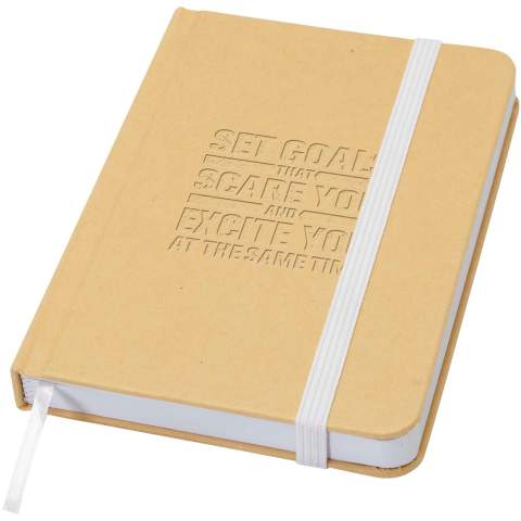 The Reed A6 recycled cardboard hard cover notebook with rounded corners is not only an office essential but also a great opportunity to promote your brand. The notebook has 96 blank sheets of 70 g/m2 paper and a soft-feel cover. Comes with an elastic closure and a ribbon marker.